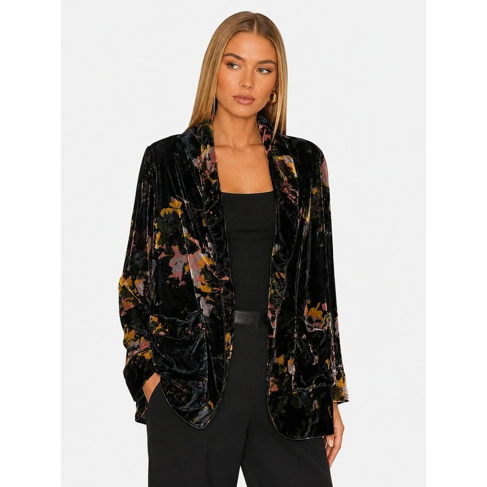 Mother Spitfire Floral Velvet Blazer Black Multi Shawl Collar Jacket Size M